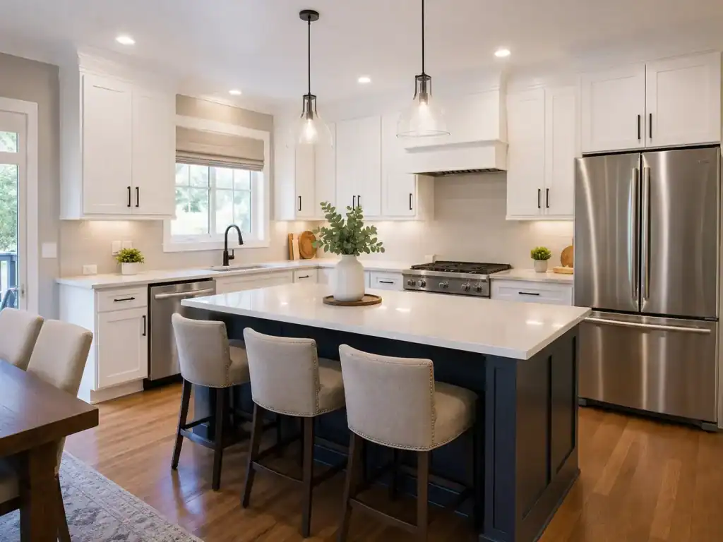 Updated white kitchen showing the true cost of kitchen cabinet replacement