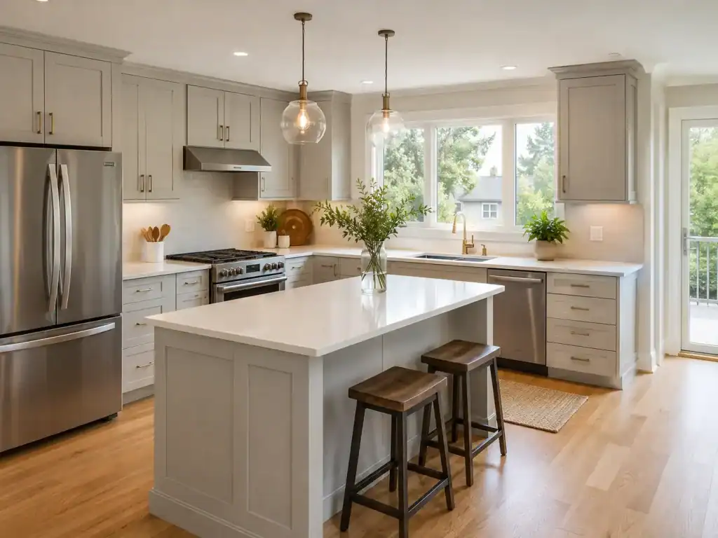 Cabinet refacing vs cabinet refinishing in a bright Raleigh kitchen with updated Shaker cabinets