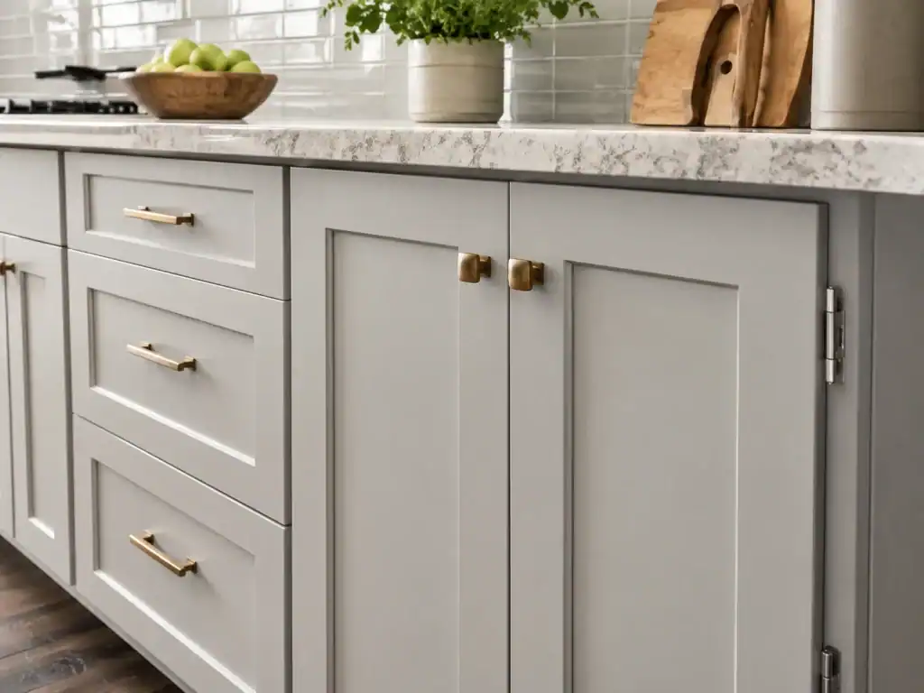 Refaced Shaker kitchen cabinets in Raleigh with light gray finish and brass cabinet hardware