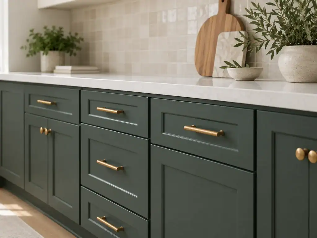Cabinet refacing process with updated green cabinet doors and drawer fronts
