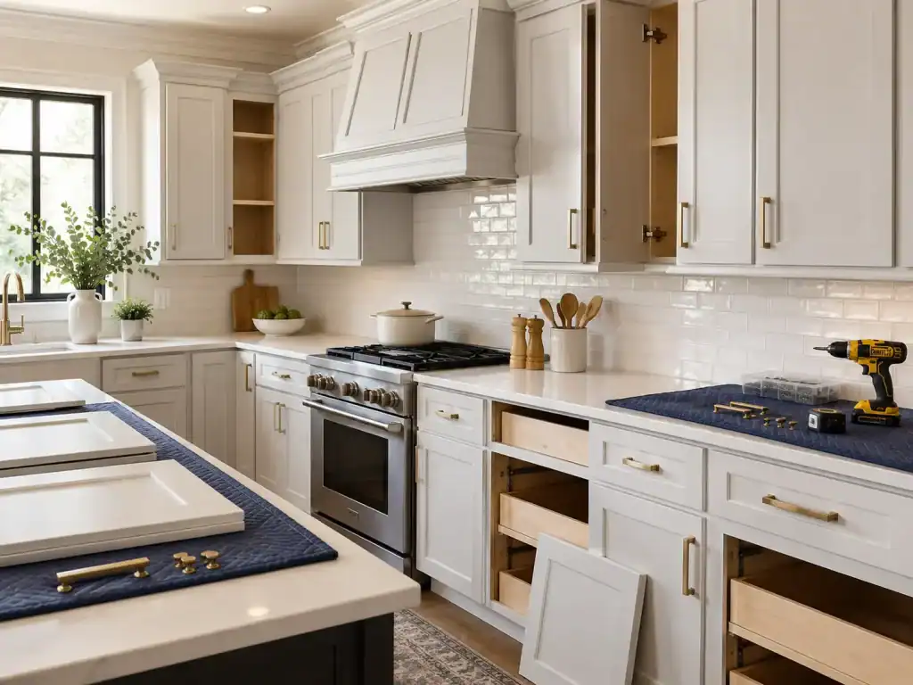 Kitchen cabinet refacing installation process with new cabinet doors, drawers, and hardware
